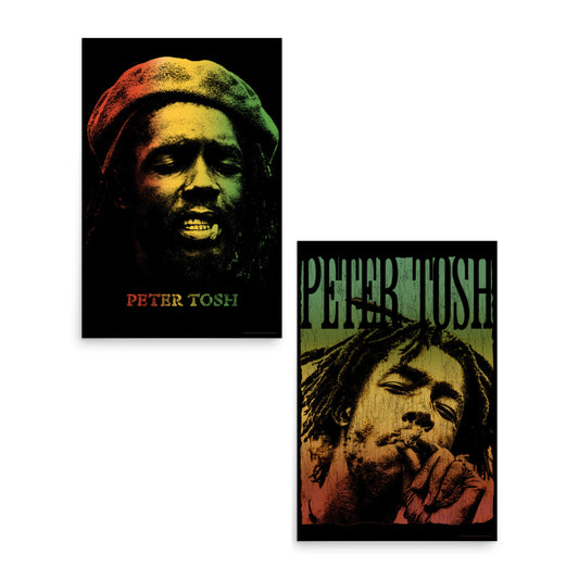 Two vertical art prints featuring a stylized portrait of Peter Tosh in a red, yellow, and green gradient on a black background, shown on a plain white backdrop.