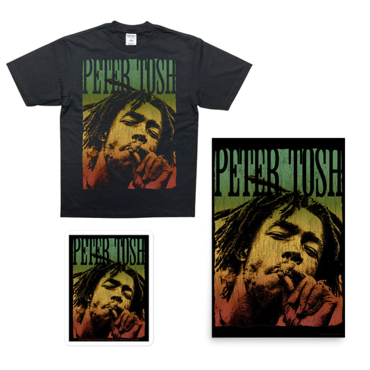 A black graphic T-shirt shown with matching printed graphics on a white background, including a large front print and smaller rectangular print variants. The shirt features a stylized portrait of Bob Marley with the text 'PETER TUSH' above it in distressed green, yellow, and red tones.